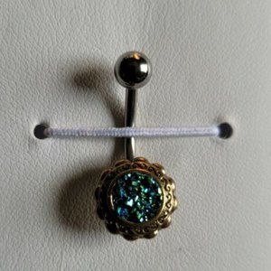 Gold Filigree Flower w/ Druzy Stone Center 316L Surg. Steel Belly Ring Black